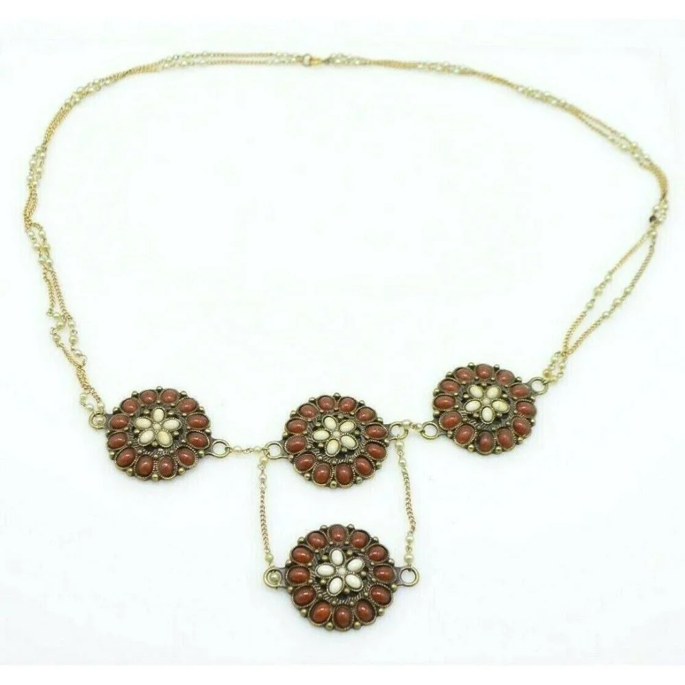 Faux Carnelian Red White Flower Bib Dangle